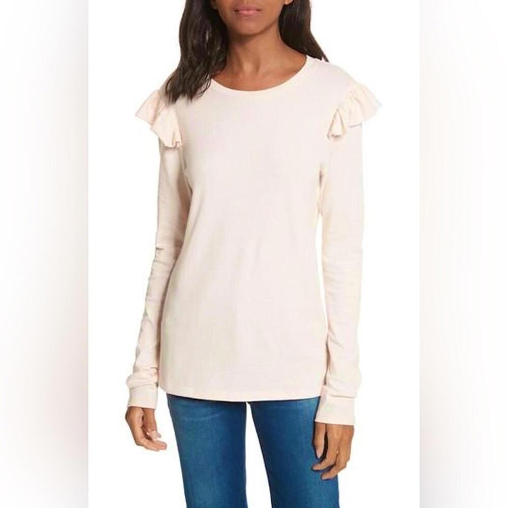FRAME Ruffle Shoulder Crew Neck Long Sleeve Cotton Top Light Pastel Pink L NWT